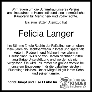 Anzeige von Felicia Langer von Reutlinger General-Anzeiger