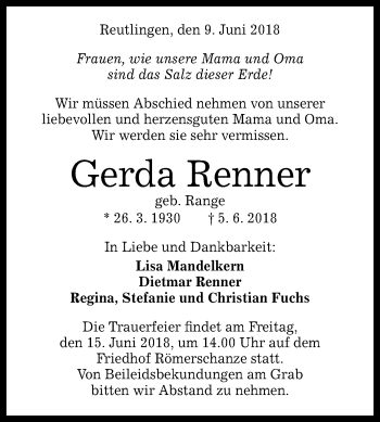 Anzeige von Gerda Renner von Reutlinger General-Anzeiger