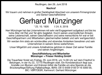Anzeige von Gerhard Münzinger von Reutlinger General-Anzeiger
