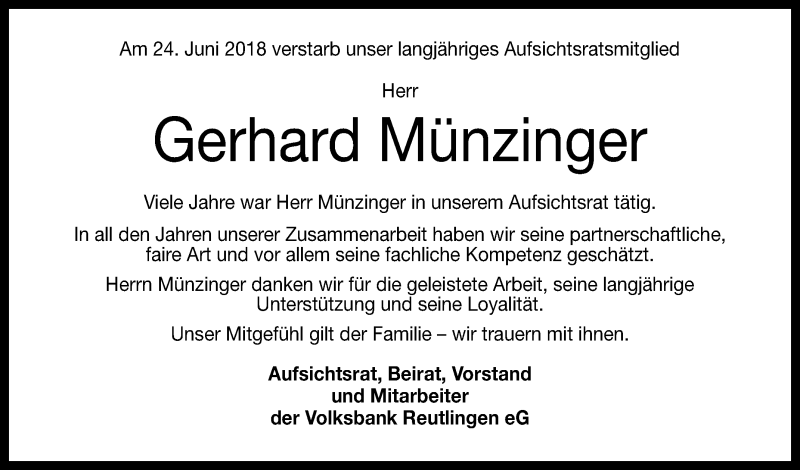  Traueranzeige für Gerhard Münzinger vom 29.06.2018 aus Reutlinger General-Anzeiger