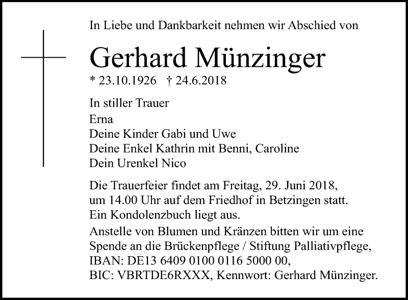  Traueranzeige für Gerhard Münzinger vom 27.06.2018 aus Reutlinger General-Anzeiger