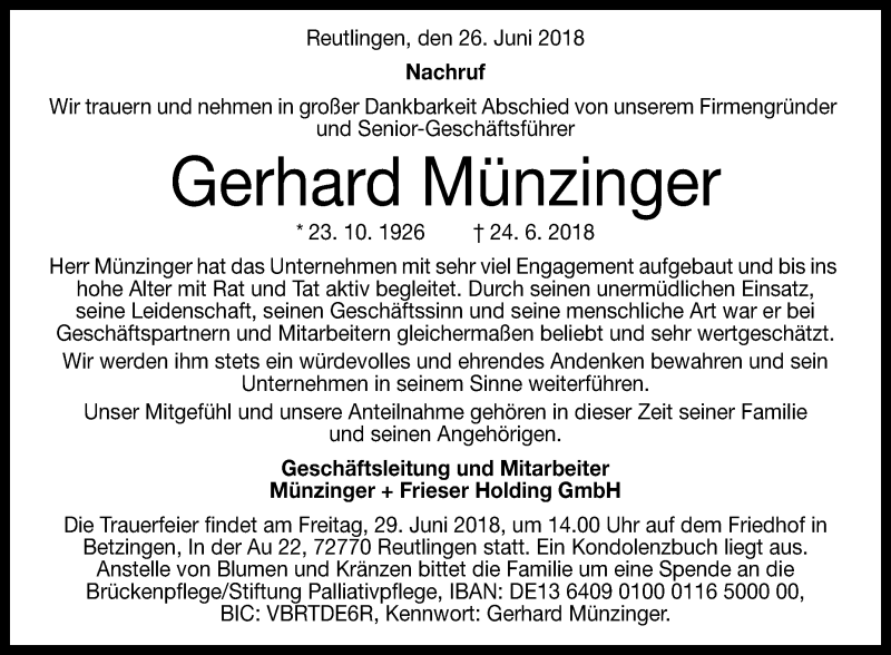  Traueranzeige für Gerhard Münzinger vom 27.06.2018 aus Reutlinger General-Anzeiger