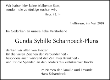Anzeige von Gunda Sybille Scharnbeck-Pluns von Reutlinger General-Anzeiger