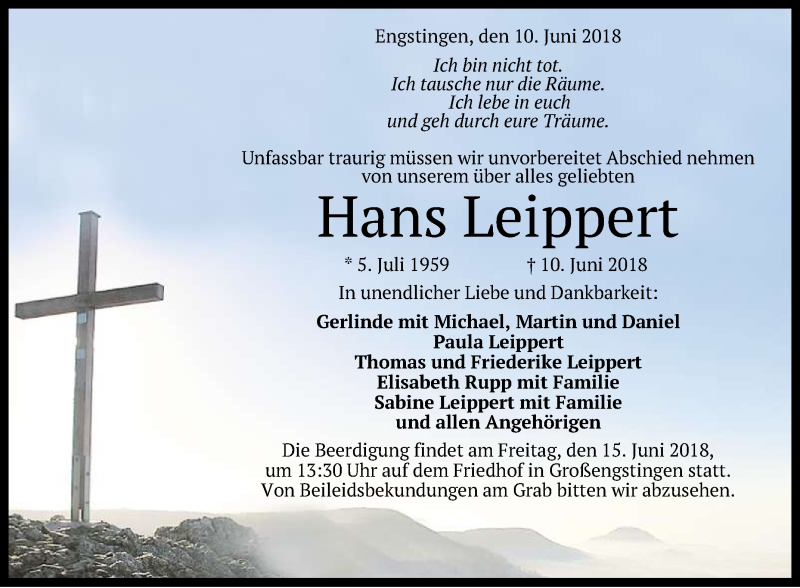  Traueranzeige für Hans Leippert vom 12.06.2018 aus Reutlinger General-Anzeiger