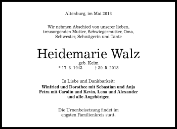 Anzeige von Heidemarie Walz von Reutlinger General-Anzeiger