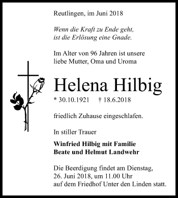 Anzeige von Helena Hilbig von Reutlinger General-Anzeiger