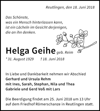 Anzeige von Helga Geihe von Reutlinger General-Anzeiger
