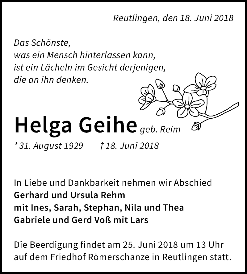  Traueranzeige für Helga Geihe vom 21.06.2018 aus Reutlinger General-Anzeiger