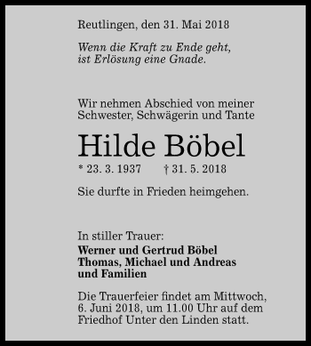 Anzeige von Hilde Böbel von Reutlinger General-Anzeiger