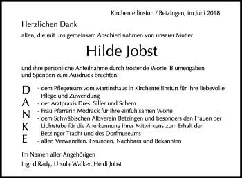 Anzeige von Hilde Jobst von Reutlinger General-Anzeiger