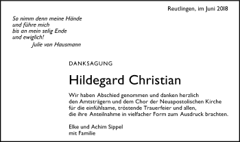 Anzeige von Hildegard Christian von Reutlinger General-Anzeiger