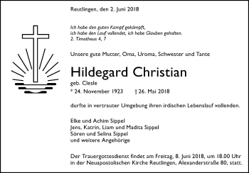 Anzeige von Hildegard Christian von Reutlinger General-Anzeiger