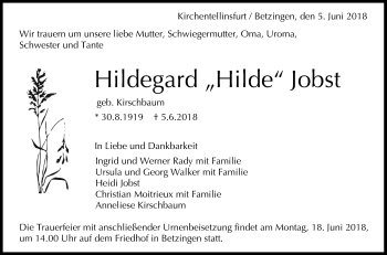 Anzeige von Hildegard Jobst von Reutlinger General-Anzeiger