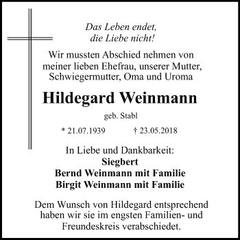 Anzeige von Hildegard Weinmann von Reutlinger General-Anzeiger