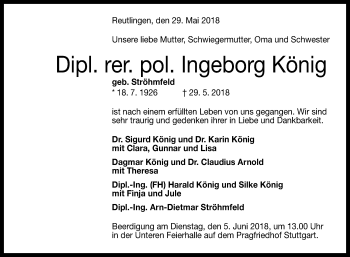 Anzeige von Ingeborg König von Reutlinger General-Anzeiger