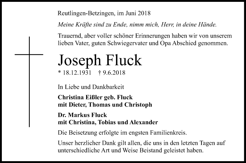  Traueranzeige für Joseph Fluck vom 16.06.2018 aus Reutlinger General-Anzeiger