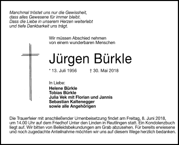 Anzeige von Jürgen Bürkle von Reutlinger General-Anzeiger