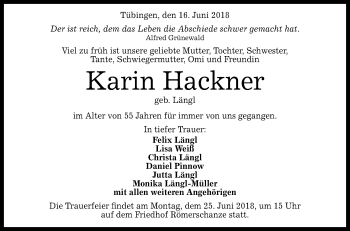 Anzeige von Karin Hackner von Reutlinger General-Anzeiger
