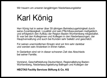 Anzeige von Karl König von Reutlinger General-Anzeiger