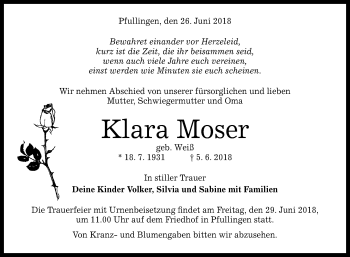 Anzeige von Klara Moser von Reutlinger General-Anzeiger
