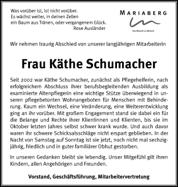 Anzeige von Käthe Schumacher von Reutlinger General-Anzeiger