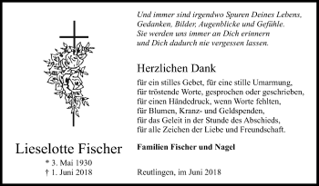 Anzeige von Lieselotte Fischer von Reutlinger General-Anzeiger