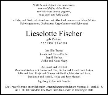 Anzeige von Lieselotte Fischer von Reutlinger General-Anzeiger