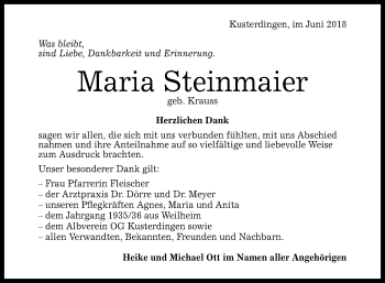 Anzeige von Maria Steinmaier von Reutlinger General-Anzeiger