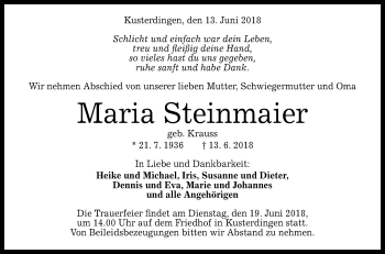 Anzeige von Maria Steinmaier von Reutlinger General-Anzeiger