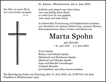 Anzeige von Marta Spohn von Reutlinger General-Anzeiger