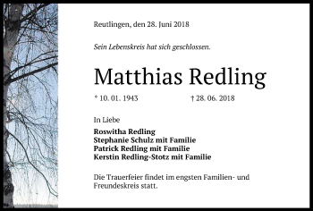 Anzeige von Matthias Redling von Reutlinger General-Anzeiger