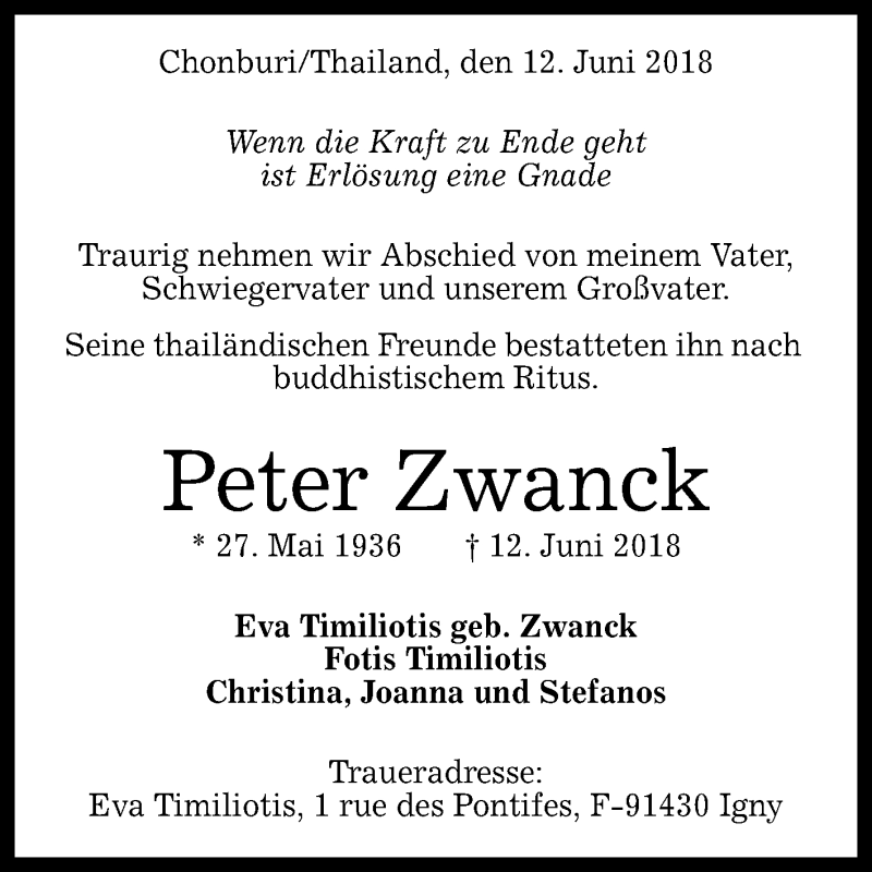  Traueranzeige für Peter Zwanck vom 22.06.2018 aus Reutlinger General-Anzeiger