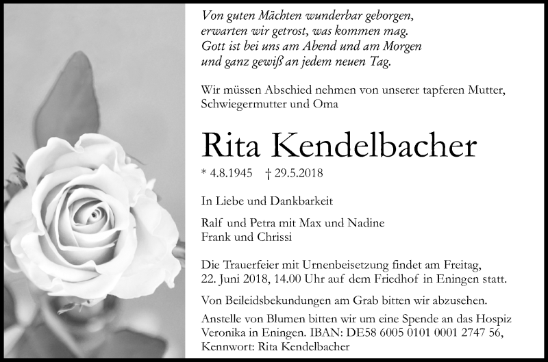  Traueranzeige für Rita Kendelbacher vom 16.06.2018 aus Reutlinger General-Anzeiger