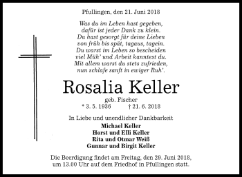 Anzeige von Rosalia Keller von Reutlinger General-Anzeiger