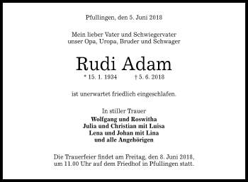 Anzeige von Rudi Adam von Reutlinger General-Anzeiger