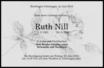 Anzeige von Ruth Nill von Reutlinger General-Anzeiger