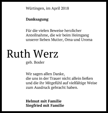 Anzeige von Ruth Werz von Reutlinger General-Anzeiger