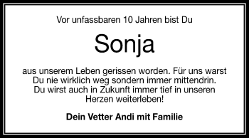 Anzeige von Sonja  von Reutlinger General-Anzeiger
