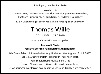 Anzeige von Thomas Wille von Reutlinger General-Anzeiger