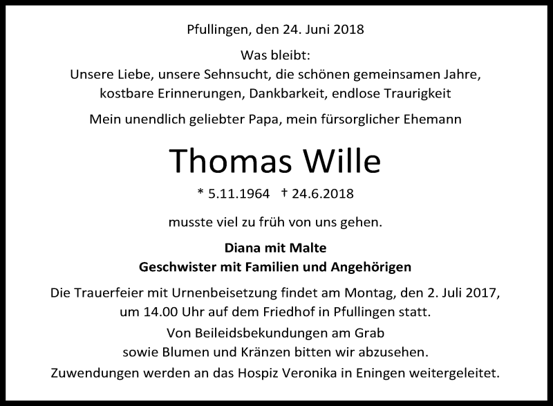  Traueranzeige für Thomas Wille vom 27.06.2018 aus Reutlinger General-Anzeiger