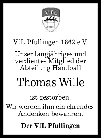 Anzeige von Thomas Wille von Reutlinger General-Anzeiger