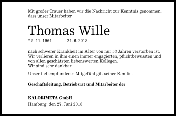 Anzeige von Thomas Wille von Reutlinger General-Anzeiger