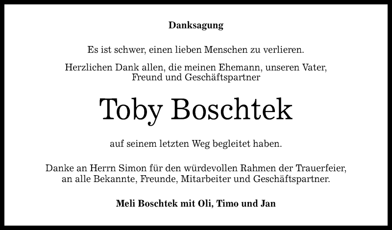  Traueranzeige für Toby Boschtek vom 09.06.2018 aus Reutlinger General-Anzeiger
