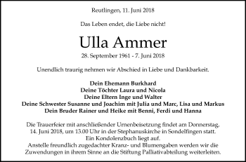 Anzeige von Ulla Ammer von Reutlinger General-Anzeiger