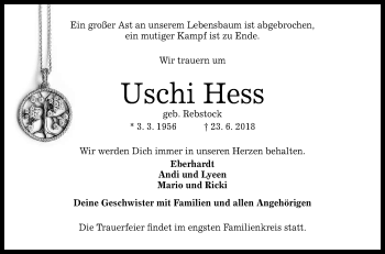 Anzeige von Uschi Hess von Reutlinger General-Anzeiger
