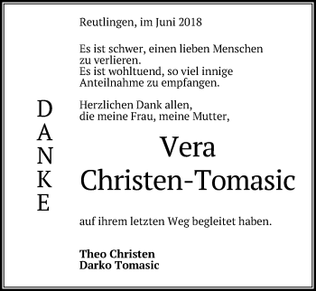Anzeige von Vera  Christen-Tomasic von Reutlinger General-Anzeiger