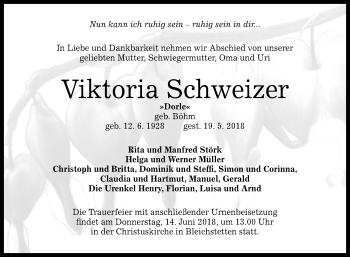 Anzeige von Viktoria Schweizer von Reutlinger General-Anzeiger