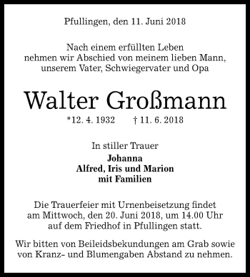 Anzeige von Walter Großmann von Reutlinger General-Anzeiger