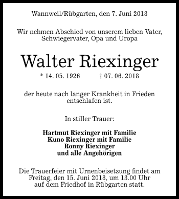 Anzeige von Walter Riexinger von Reutlinger General-Anzeiger