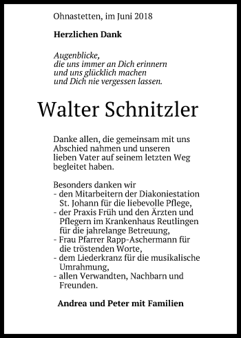 Anzeige von Walter Schnitzler von Reutlinger General-Anzeiger